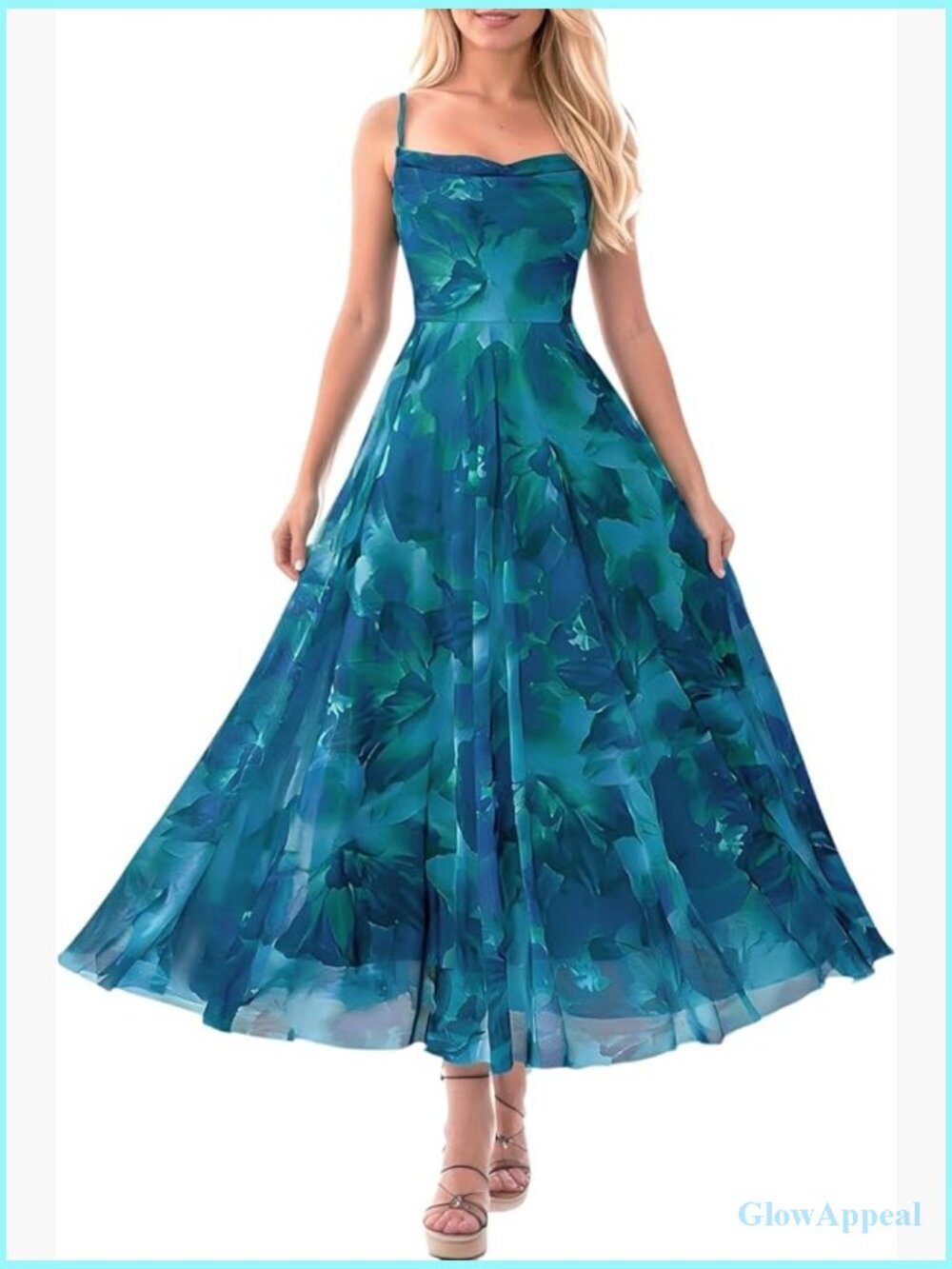Floral Spaghetti Strap Maxi Dress Cowl Neck Mesh A-Line Beach Party Dress